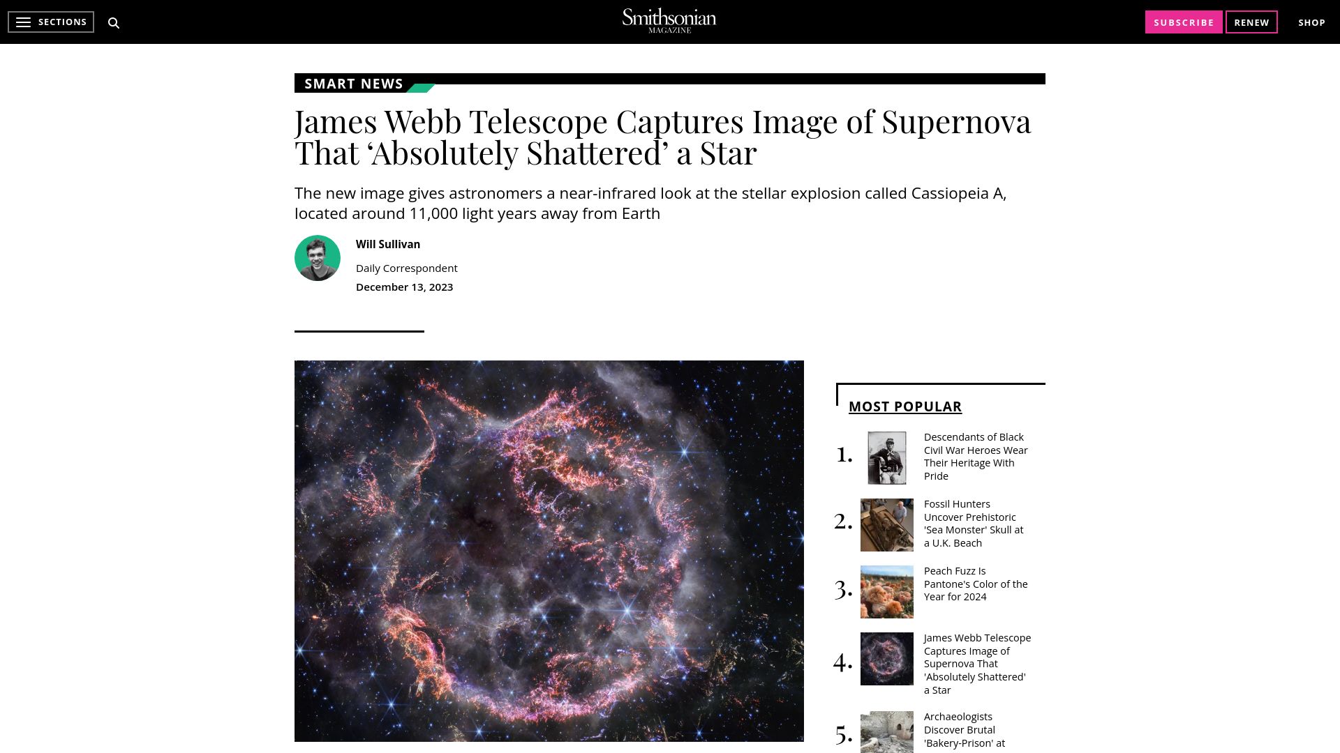 Screenshot of smithsonianmag.com: JWST Captures Image of Supernova That 'Absolutely Shattered' a Star