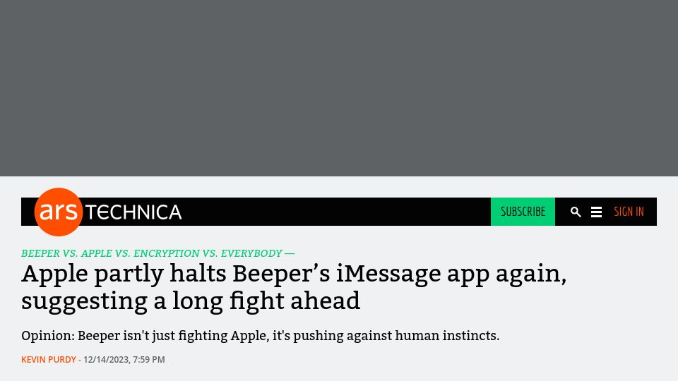 Screenshot of arstechnica.com: Apple partly halts Beeper's iMessage app again, suggesting a long fight ahead