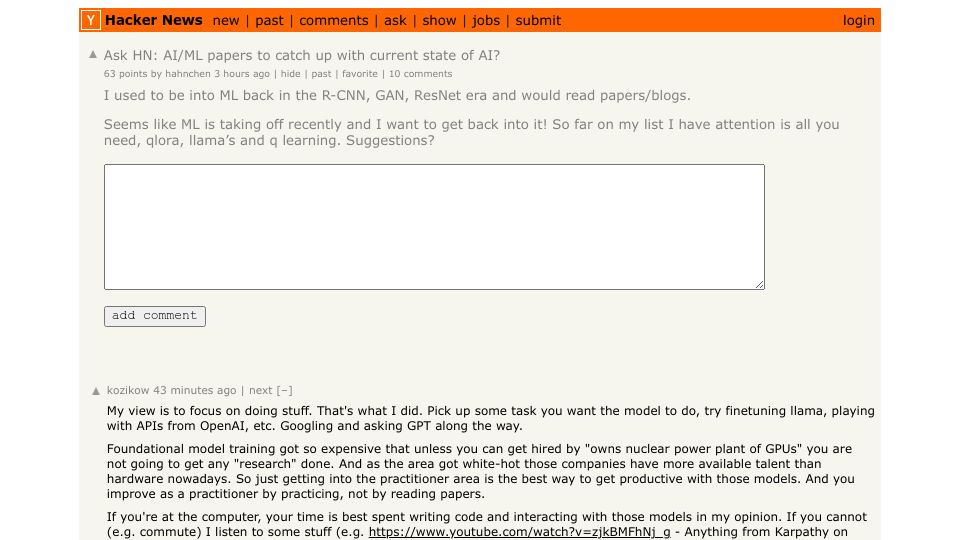 Screenshot of Hacker News post: Ask HN: AI/ML papers to catch up with current state of AI?