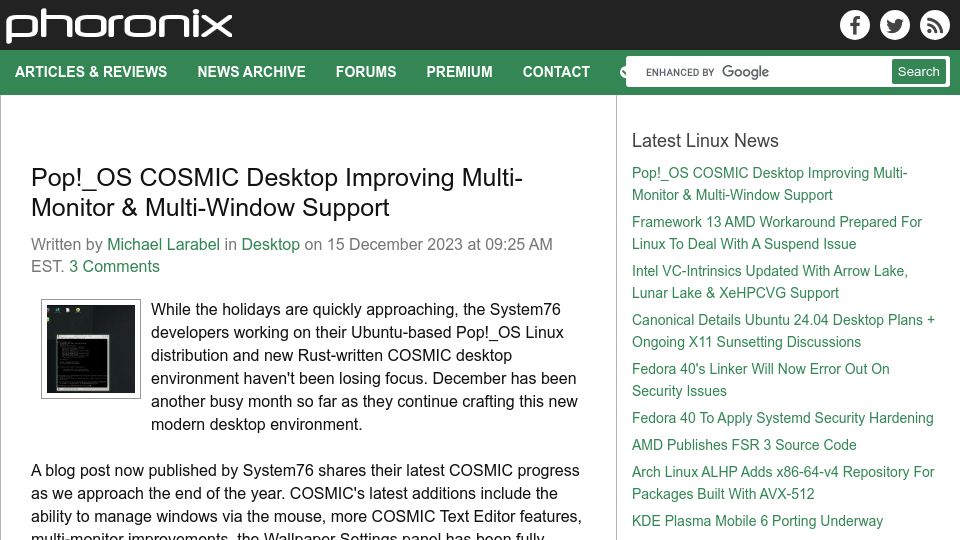 Screenshot of phoronix.com: Pop _OS Cosmic Desktop Improving Multi-Monitor and Multi-Window Support