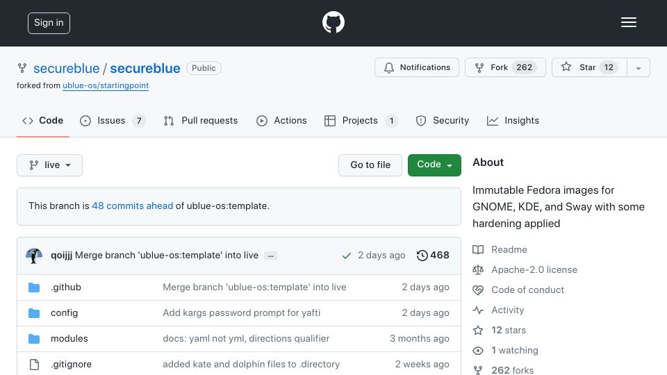 Screenshot of github.com: Secureblue: Hardened Immutable Fedora Images