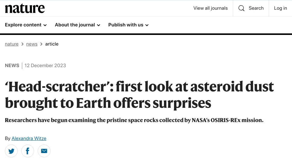 Screenshot of nature.com: First look at asteroid dust brought to Earth offers surprises