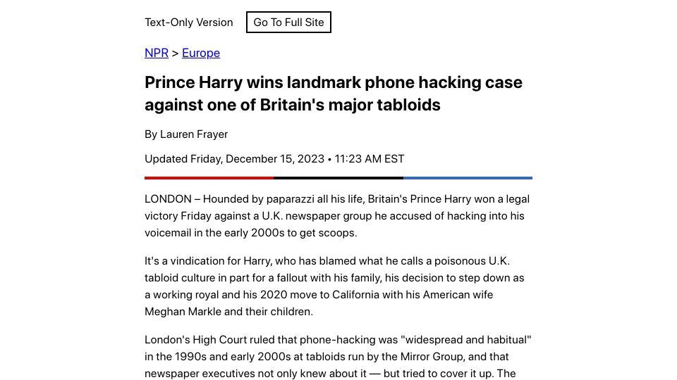 Screenshot of npr.org: Prince Harry wins phone hacking case against British tabloid