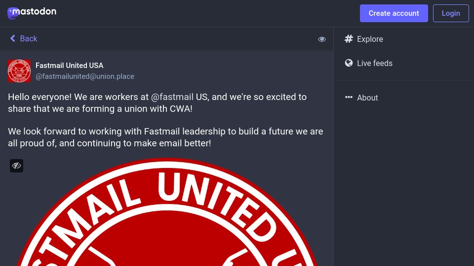 Screenshot of union.place: Fastmail Employees Form a Union