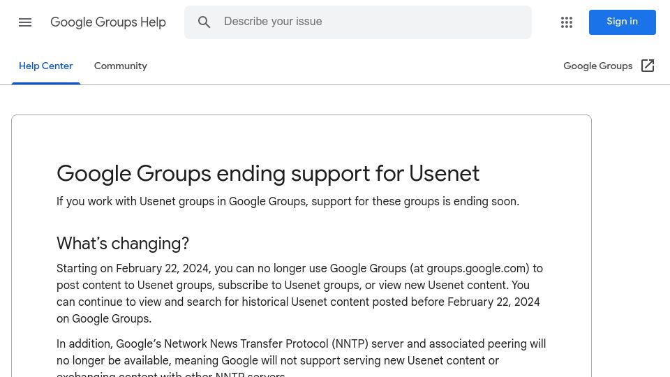 Screenshot of support.google.com: Google Groups ending support for Usenet