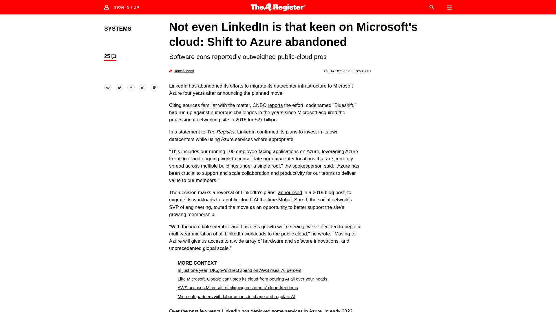 Screenshot of theregister.com: Not even LinkedIn is that keen on Microsoft's cloud: Shift to Azure abandoned