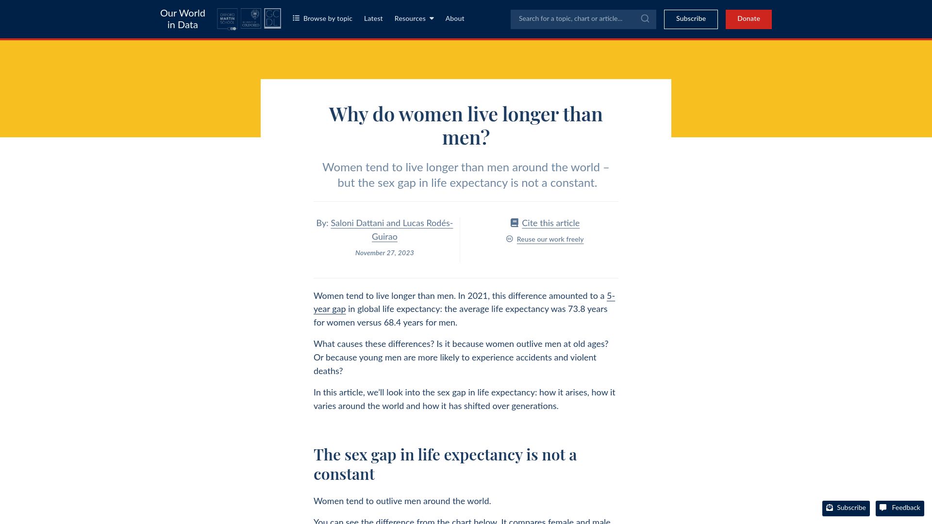 Screenshot of ourworldindata.org: Why do women live longer than men?