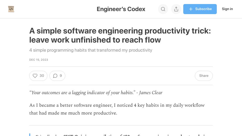 Screenshot of read.engineerscodex.com: Leave work slightly unfinished for easier flow the next day