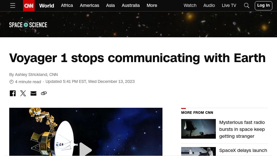 Screenshot of cnn.com: Voyager 1 stops communicating with Earth