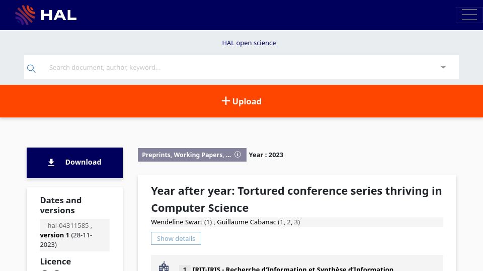 Screenshot of hal.science: Tortured conference series thriving in computer science