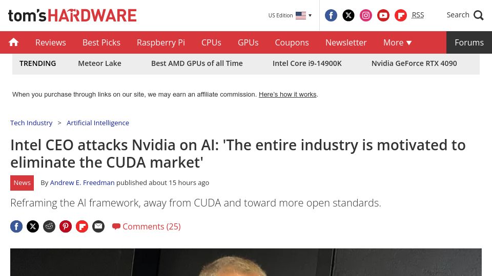 Screenshot of tomshardware.com: Intel CEO: 'The entire industry is motivated to eliminate the CUDA market'