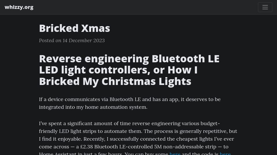 Screenshot of whizzy.org: I bricked my Christmas lights