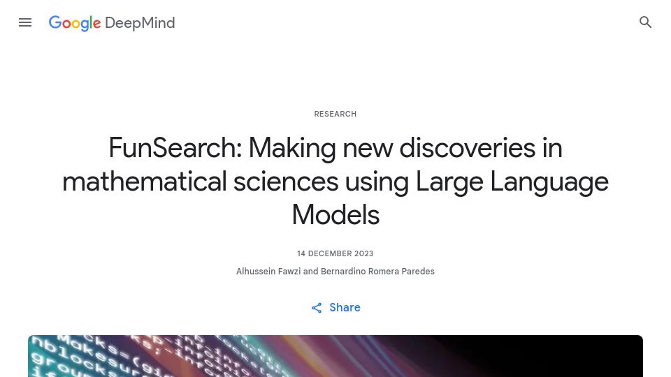 Screenshot of deepmind.google: FunSearch: Making new discoveries in mathematical sciences using LLMs