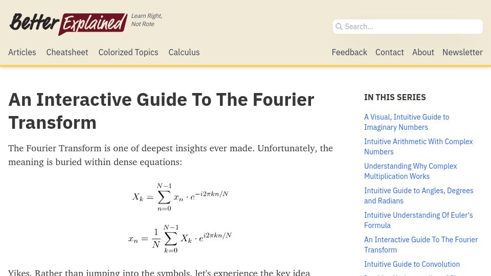 Screenshot of betterexplained.com: An interactive guide to the Fourier transform (2012)