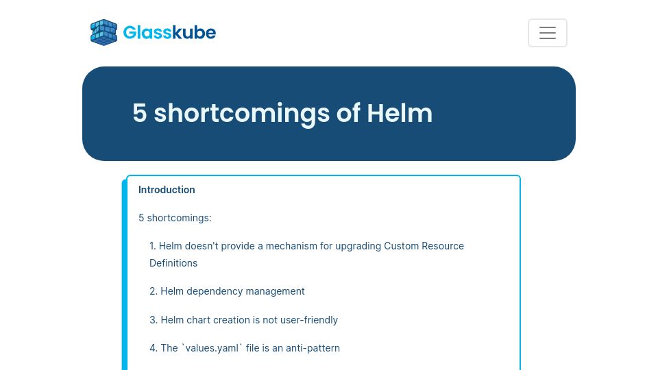 Screenshot of glasskube.eu: Pitfalls of Helm – Insights from 3 years with the leading K8s package manager