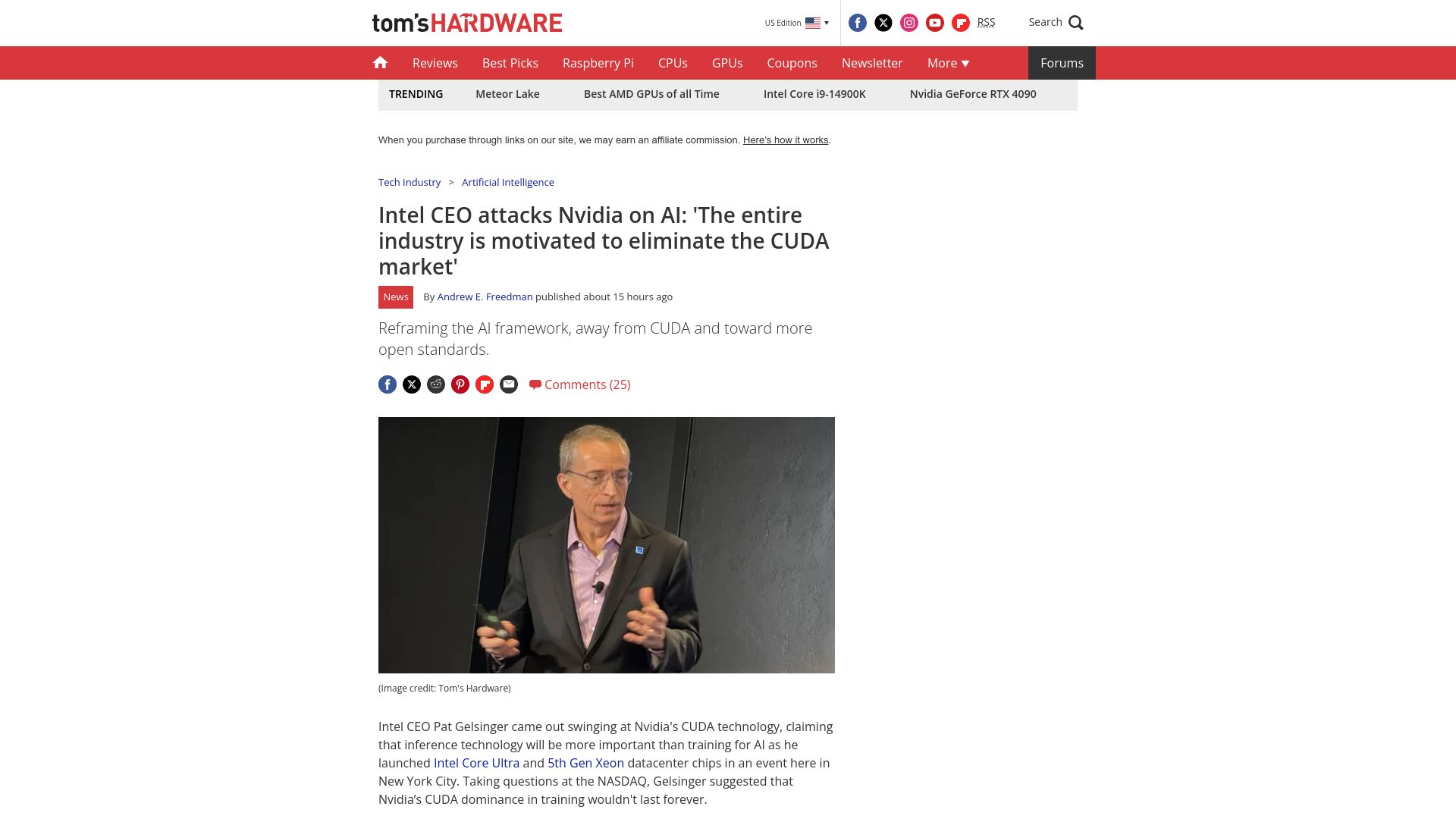 Screenshot of tomshardware.com: Intel CEO: 'The entire industry is motivated to eliminate the CUDA market'