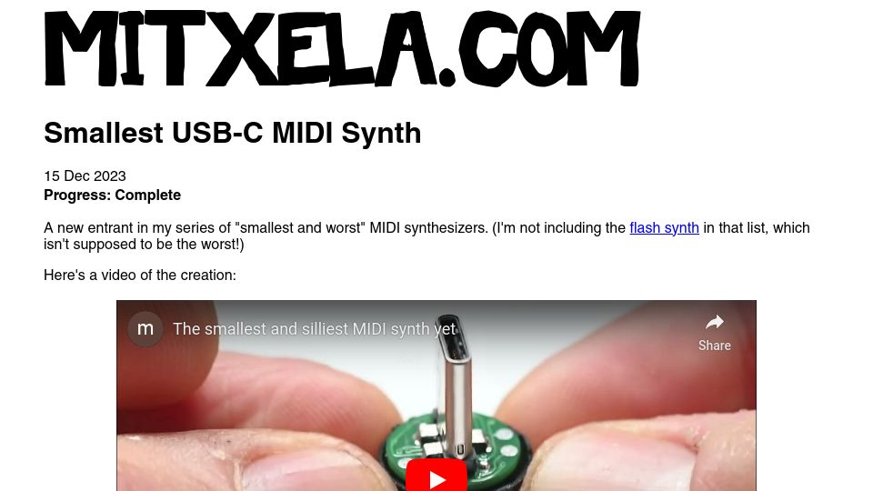 Screenshot of mitxela.com: Smallest USB-C MIDI Synth