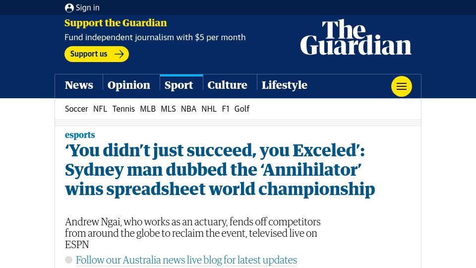 Screenshot of theguardian.com: Sydney man dubbed the 'Annihilator' wins spreadsheet world championship