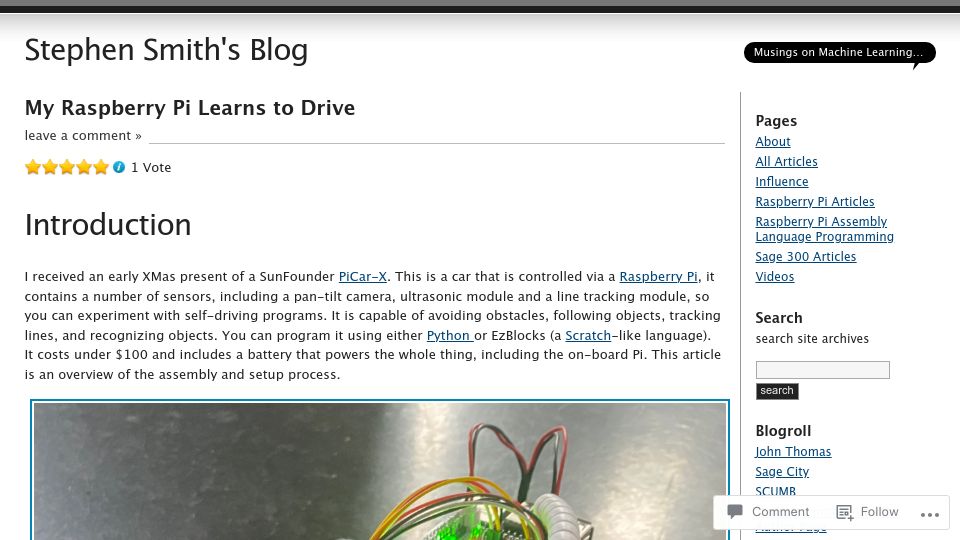 Screenshot of smist08.wordpress.com: My Raspberry Pi Learns to Drive