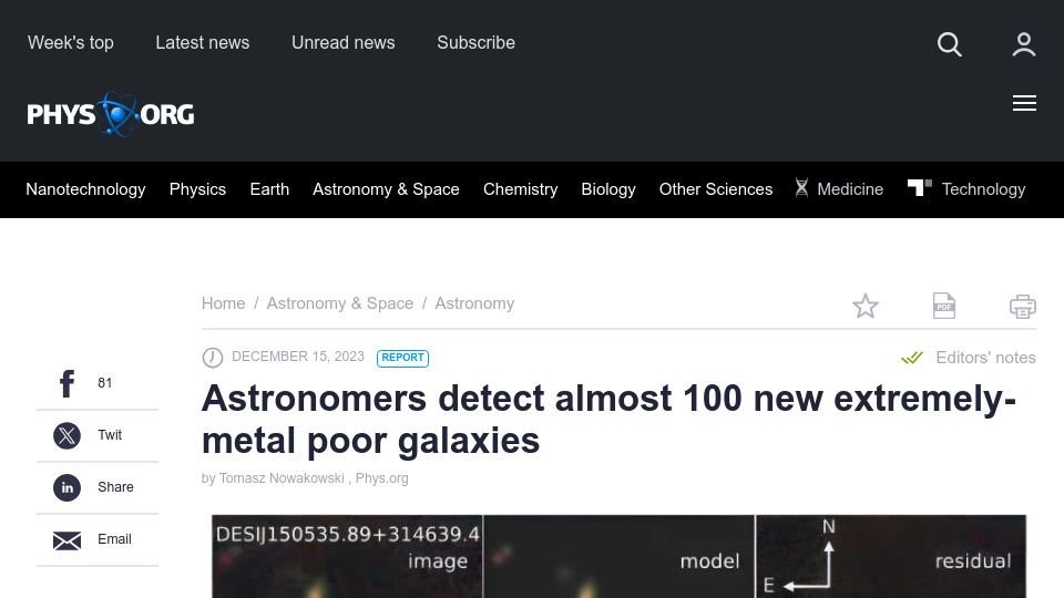 Screenshot of phys.org: Astronomers detect almost 100 new extremely metal-poor galaxies
