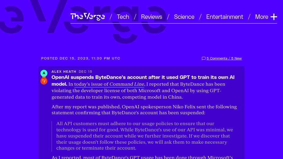 Screenshot of theverge.com: OpenAI suspends ByteDance's account after it used GPT to train its own AI model