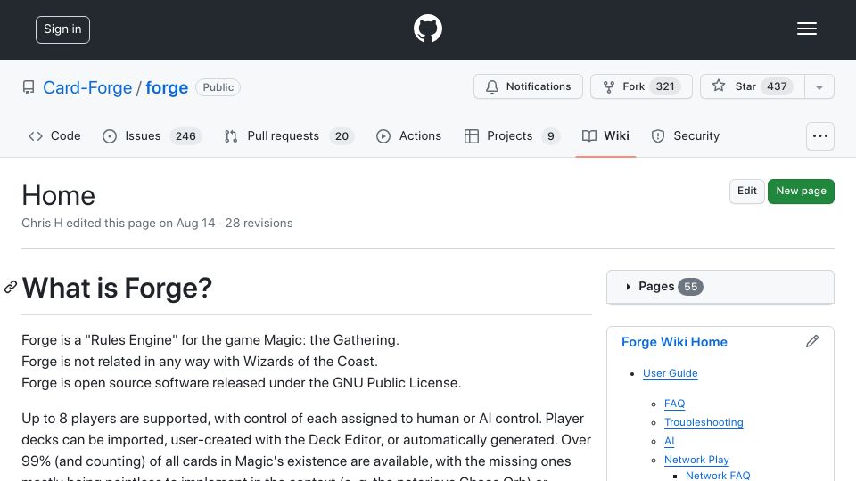 Screenshot of github.com: Open source rules engine for Magic: The Gathering