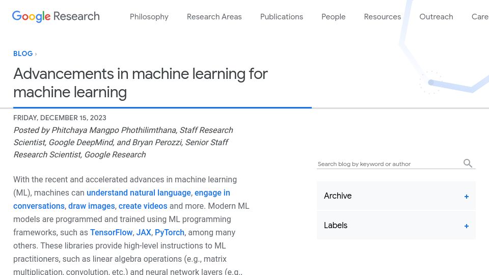Screenshot of blog.research.google: Advancements in machine learning for machine learning