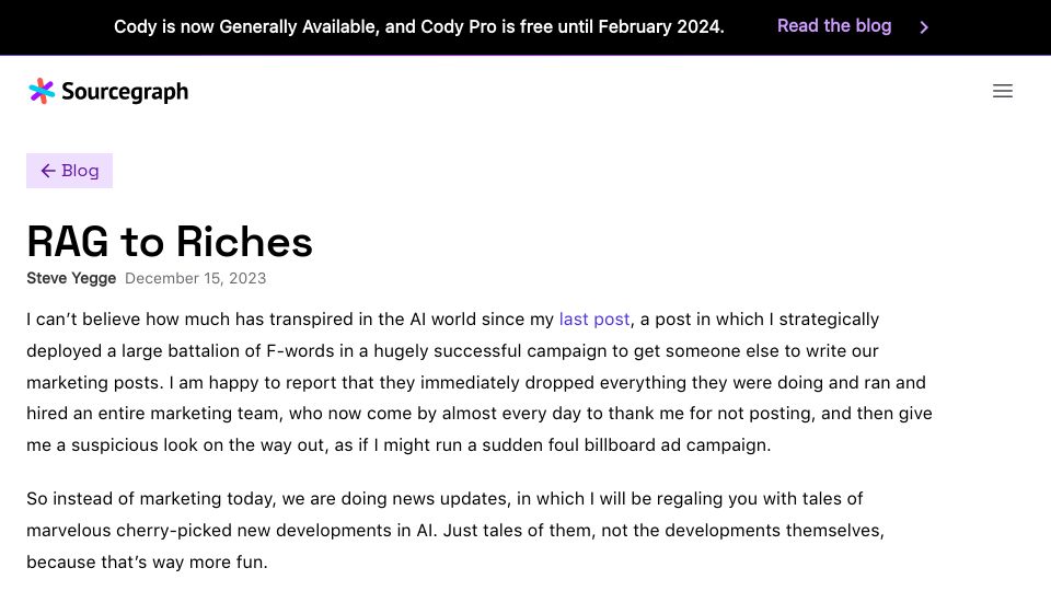 Screenshot of sourcegraph.com: RAG to Riches