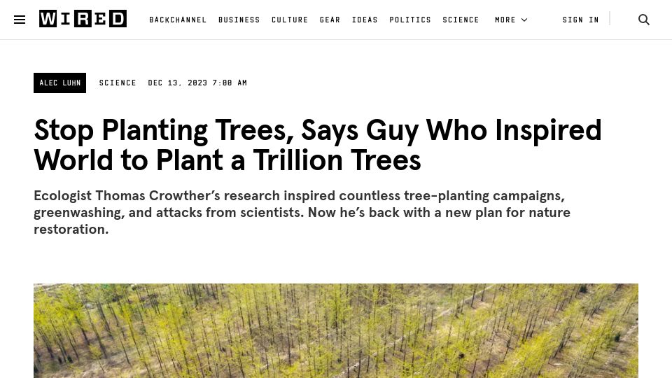 Screenshot of wired.com: Tree plantations are not the environmental solution they’re purported to be