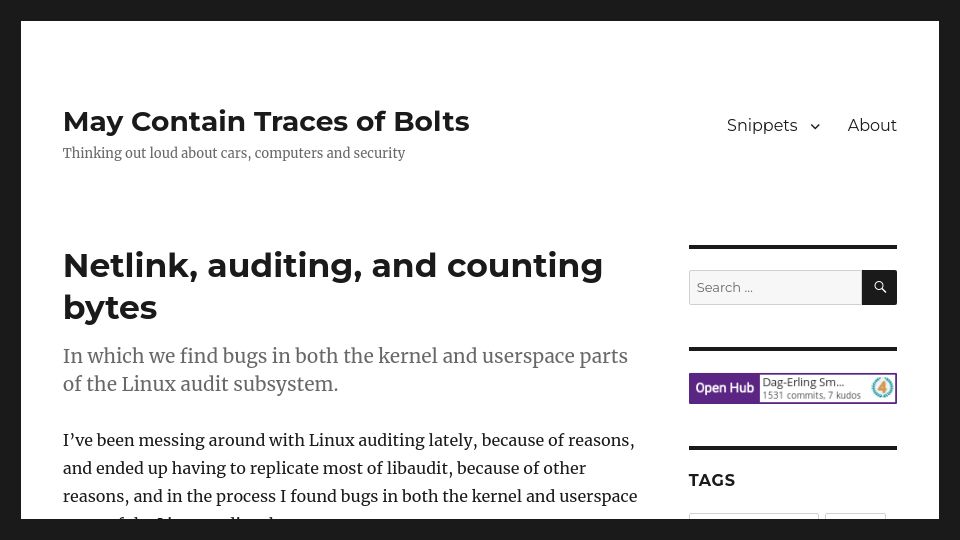 Screenshot of blog.des.no: Netlink, auditing, and counting bytes (2020)