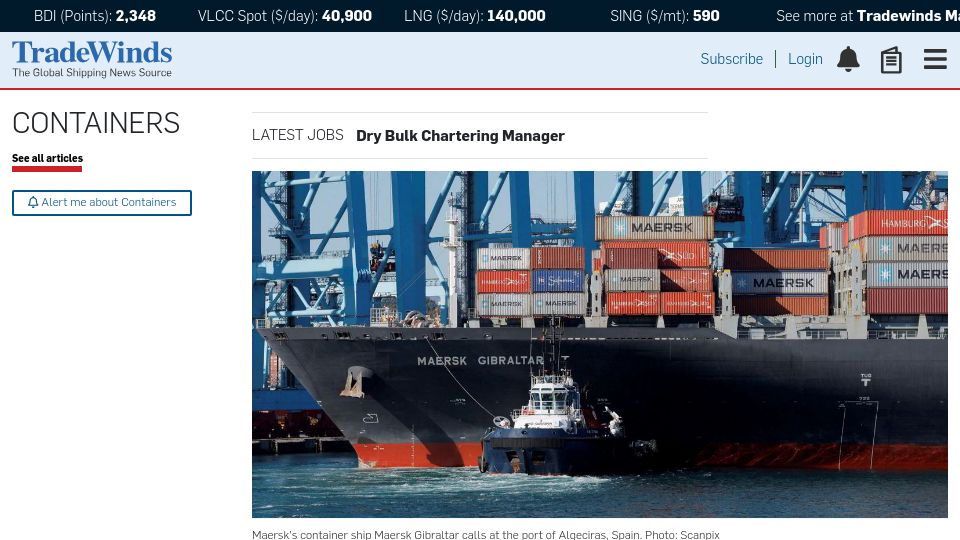 Screenshot of tradewindsnews.com: Maersk and Hapag-Lloyd to avoid Red Sea after surge in missile and drone attacks