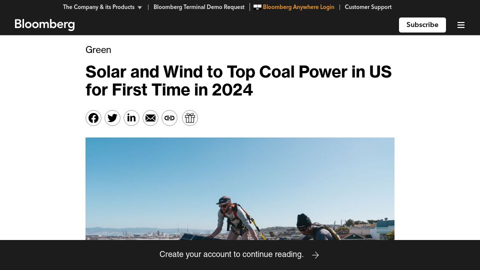 Screenshot of bloomberg.com: Solar and wind to top coal power in US for first time in 2024