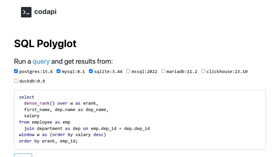 Screenshot of codapi.org: Show HN: SQL Polyglot