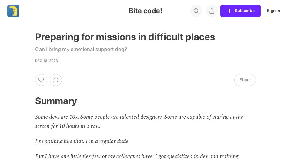 Screenshot of bitecode.dev: Preparing for missions in difficult places