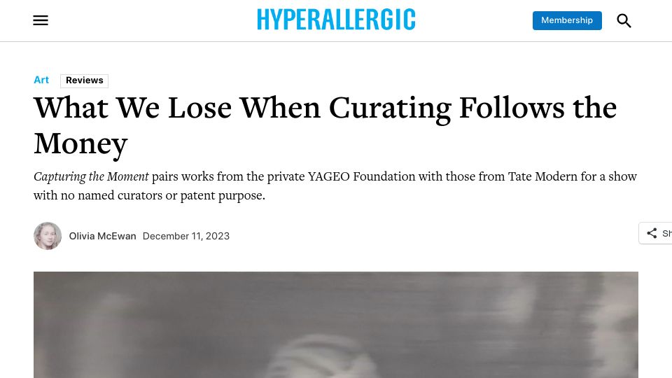 Screenshot of hyperallergic.com: What we lose when curating follows the money