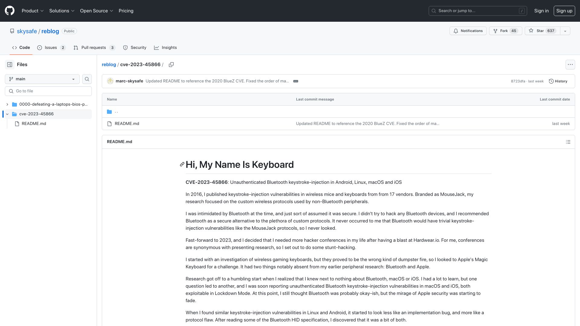 Screenshot of github.com: Bluetooth keystroke-injection in Android, Linux, macOS and iOS