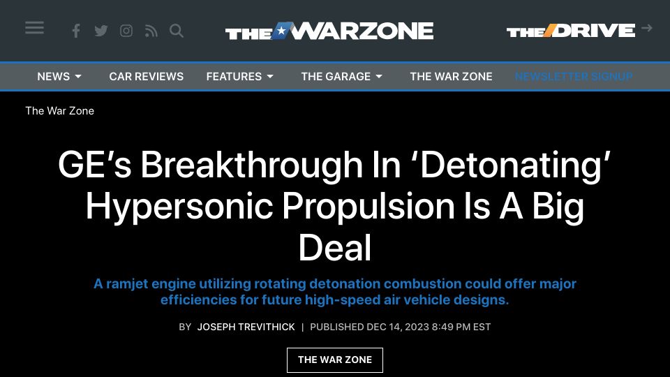 Screenshot of thedrive.com: Breakthrough in 'detonating' hypersonic propulsion