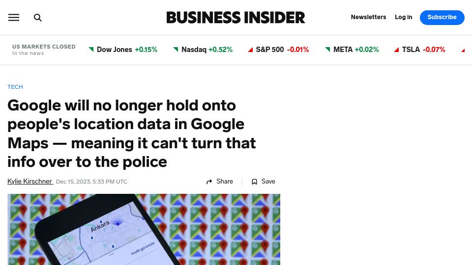 Screenshot of businessinsider.com: Location history data in Google Maps will soon be stored on user devices