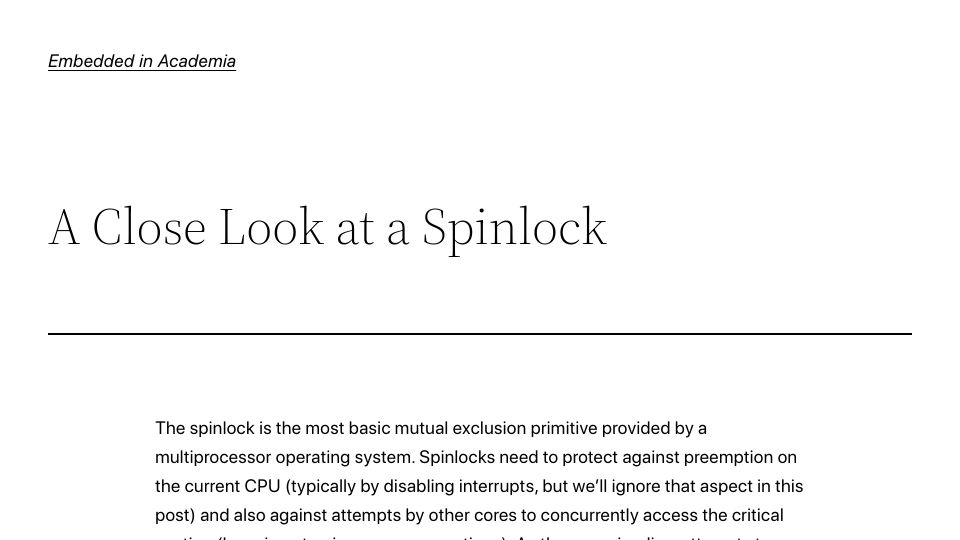 Screenshot of blog.regehr.org: A close look at a spinlock (2021)