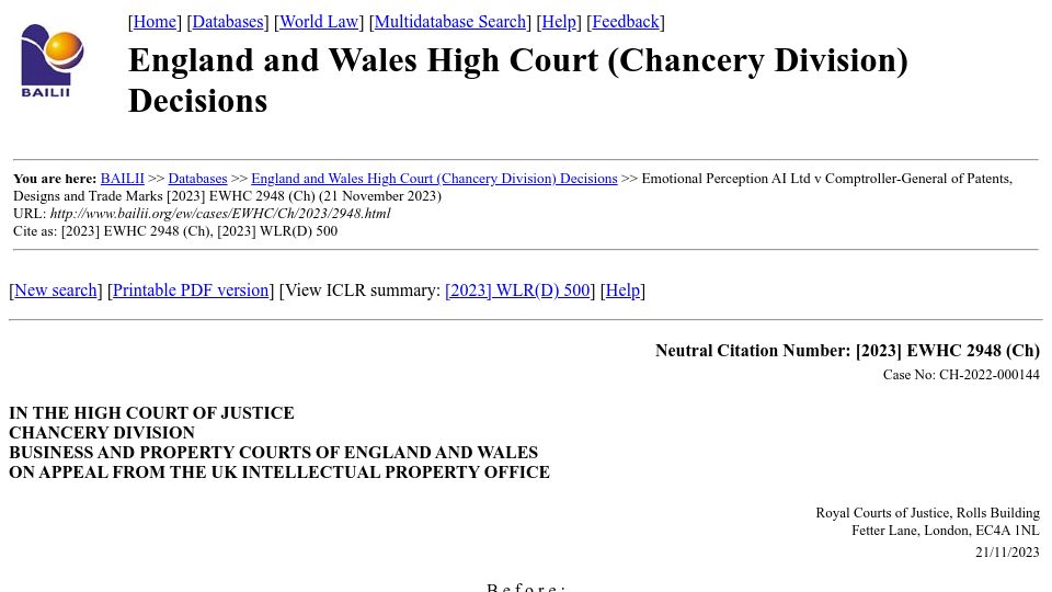 Screenshot of bailii.org: UK court allows ANN patent saying computer programs exclusion does not apply