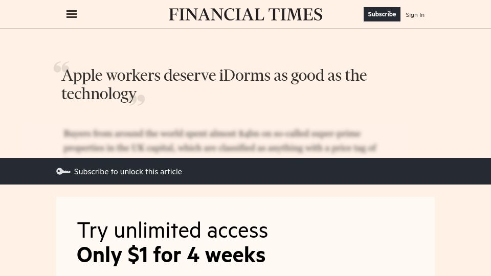 Screenshot of ft.com: Apple workers deserve iDorms as good as the technology