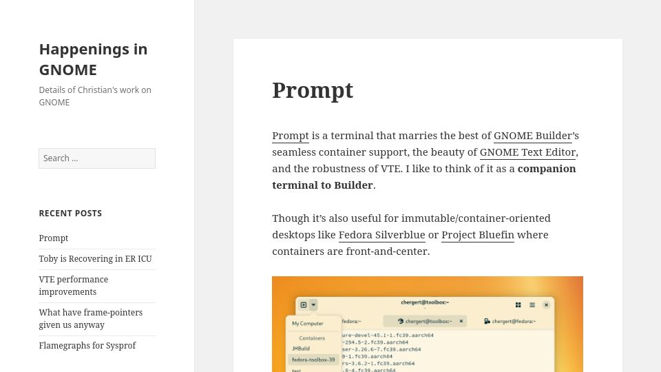 Screenshot of blogs.gnome.org: Prompt – A terminal for a container-oriented desktop