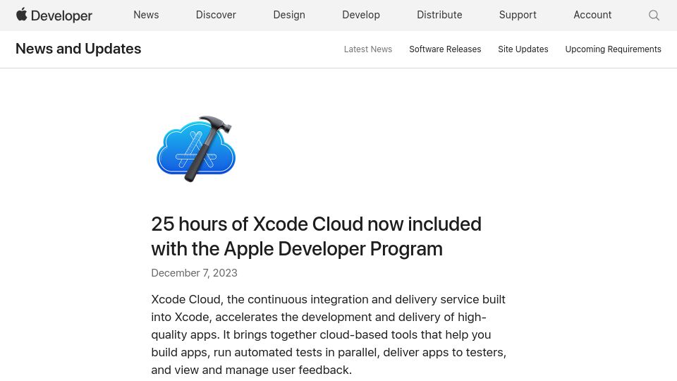 Screenshot of developer.apple.com: 25 hours of Xcode Cloud now included with the Apple Developer Program