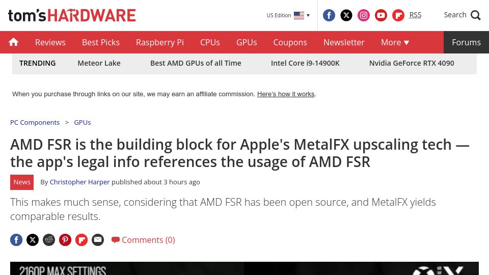 Screenshot of tomshardware.com: AMD FSR is the building block for Apple's hybrid MetalFX upscaling tech