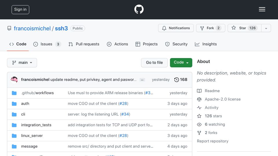 Screenshot of github.com: SSH3: SSHv2 using HTTP/3 and QUIC