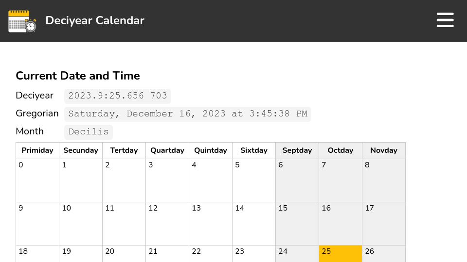 Screenshot of deciyear.com: Deciyear Calendar
