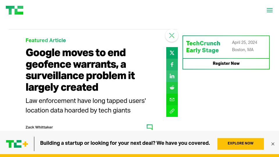 Screenshot of techcrunch.com: Google moves to end geofence warrants, a surveillance problem it largely created