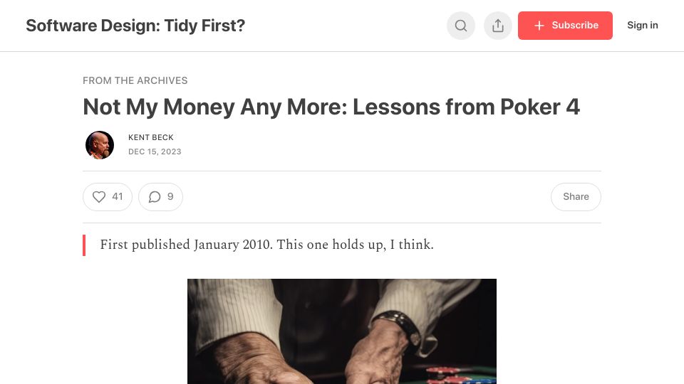 Screenshot of tidyfirst.substack.com: Not my money any more: Lessons from poker (2010)