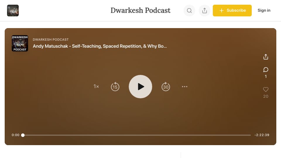 Screenshot of dwarkeshpatel.com: Self-teaching, spaced repetition, and why books don't work