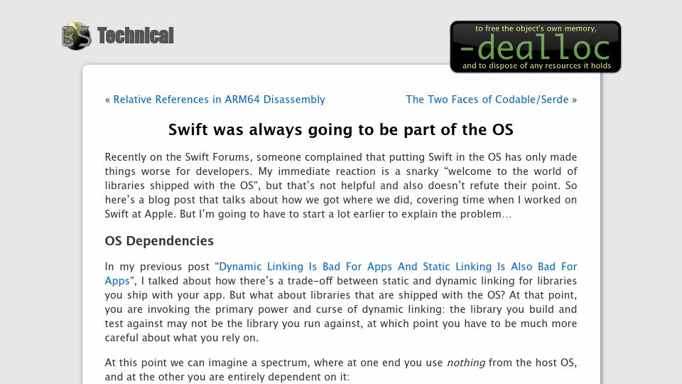 Screenshot of belkadan.com: Swift was always going to be part of the OS (2022)
